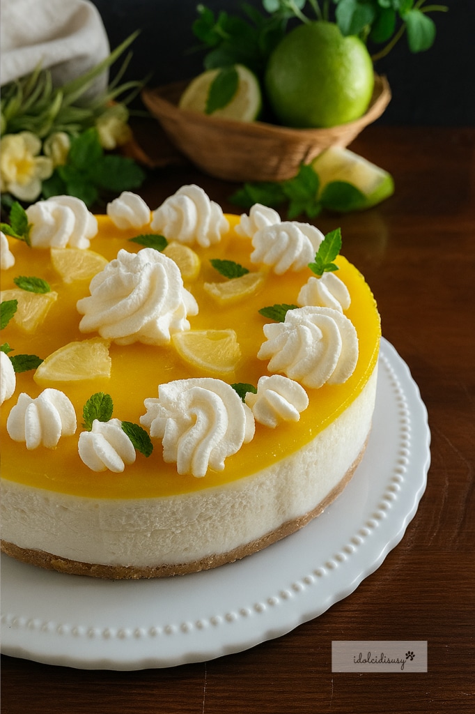Cheesecake au citron avec coulis jaune sans gélatine, décoré avec de la crème montée, des tranches de citron et des feuilles de menthe, servi entier sur une assiette blanche
