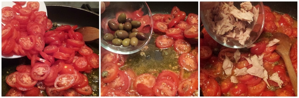 pâtes à la tomate avec thon, olives et câpres