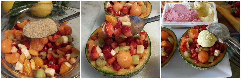 melon avec salade de fruits et glace
