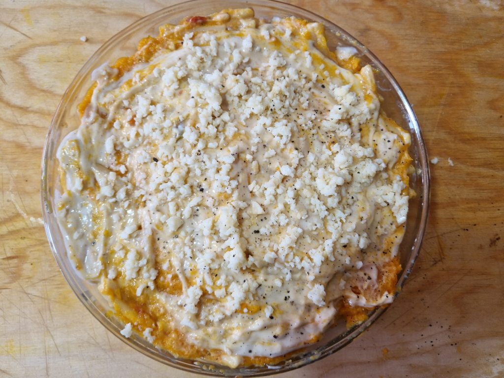 Gratin de pâtes à la courge et au lard