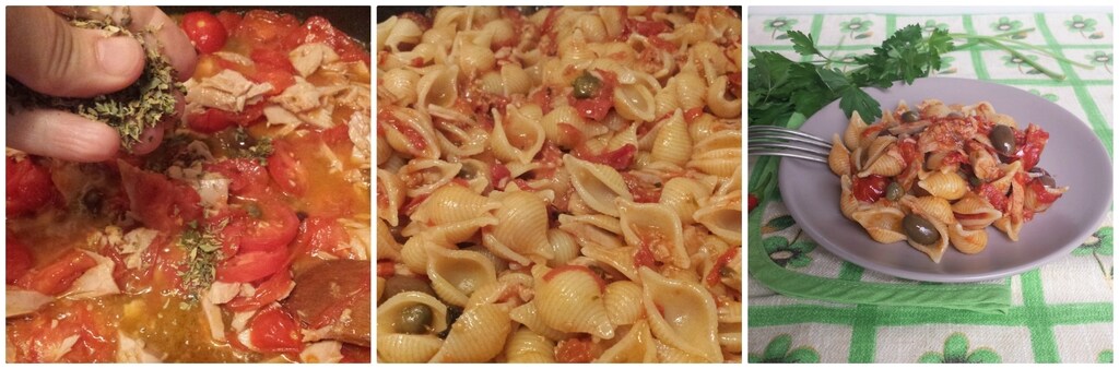 pâtes à la tomate avec thon, olives et câpres