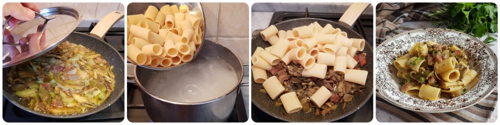 pâtes courtes avec artichauts et lard