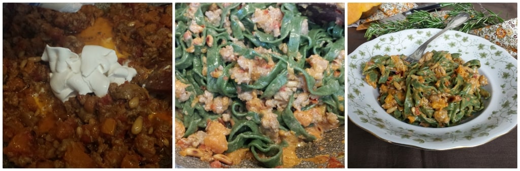 tagliatelles vertes avec saucisse et potiron