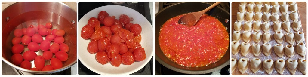 tortelli d'aubergines ricotta et speck à la tomate
