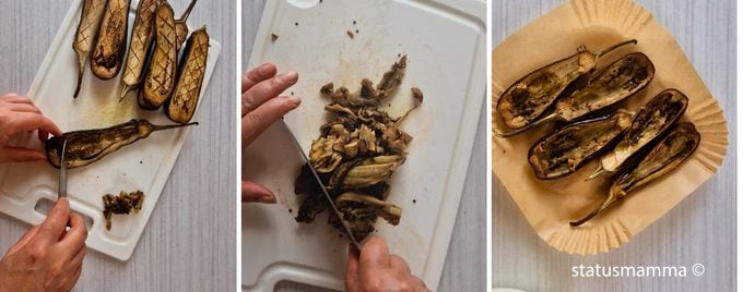 3. Videz la chair avec une cuillère et hachez-la grossièrement. 4. Dans une poêle, chauffez un filet d'huile avec les gousses d'ail écrasées, puis ajoutez la chair hachée et faites-la revenir quelques minutes. 2