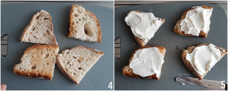 B. toaster le pain pour les bruschettas et ajouter le fromage à tartiner
