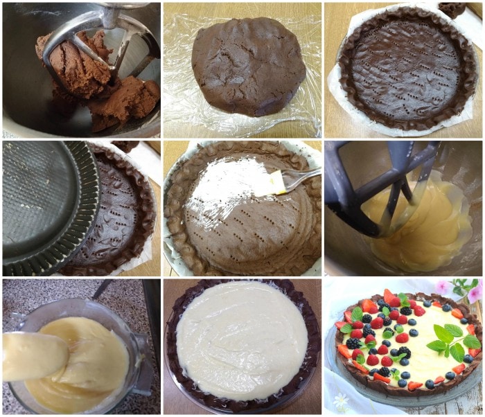 Tarte au cacao avec crème diplomate et fruits