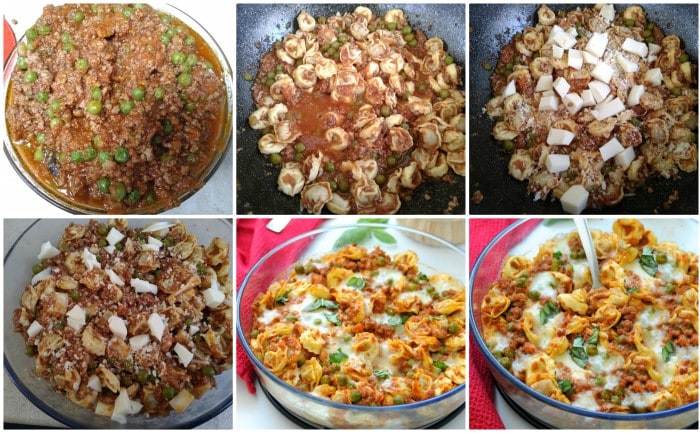 Tortellini au ragù de viande et petits pois au four