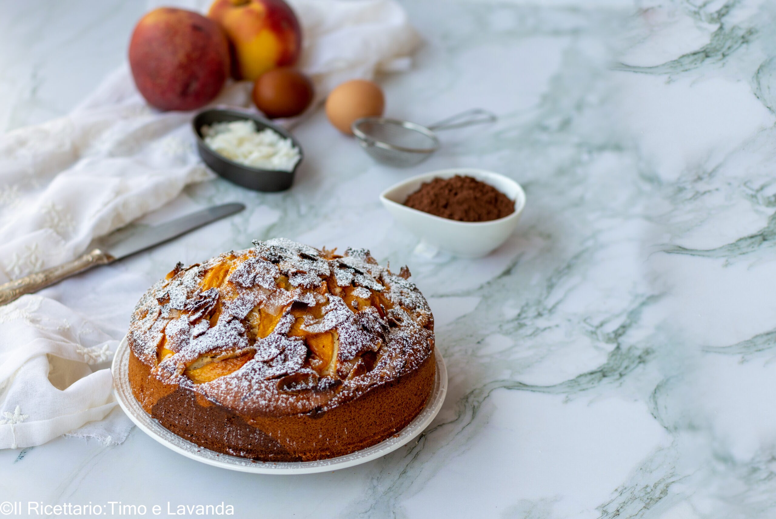 Gâteau marbré au cacao avec des pêches