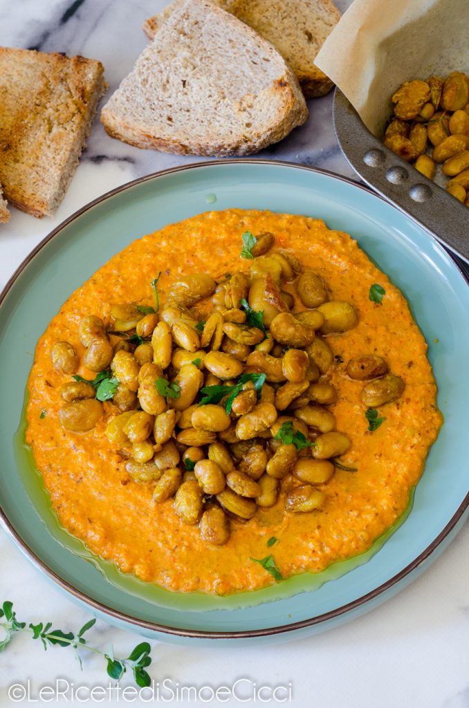 Haricots croquants avec crème de poivrons