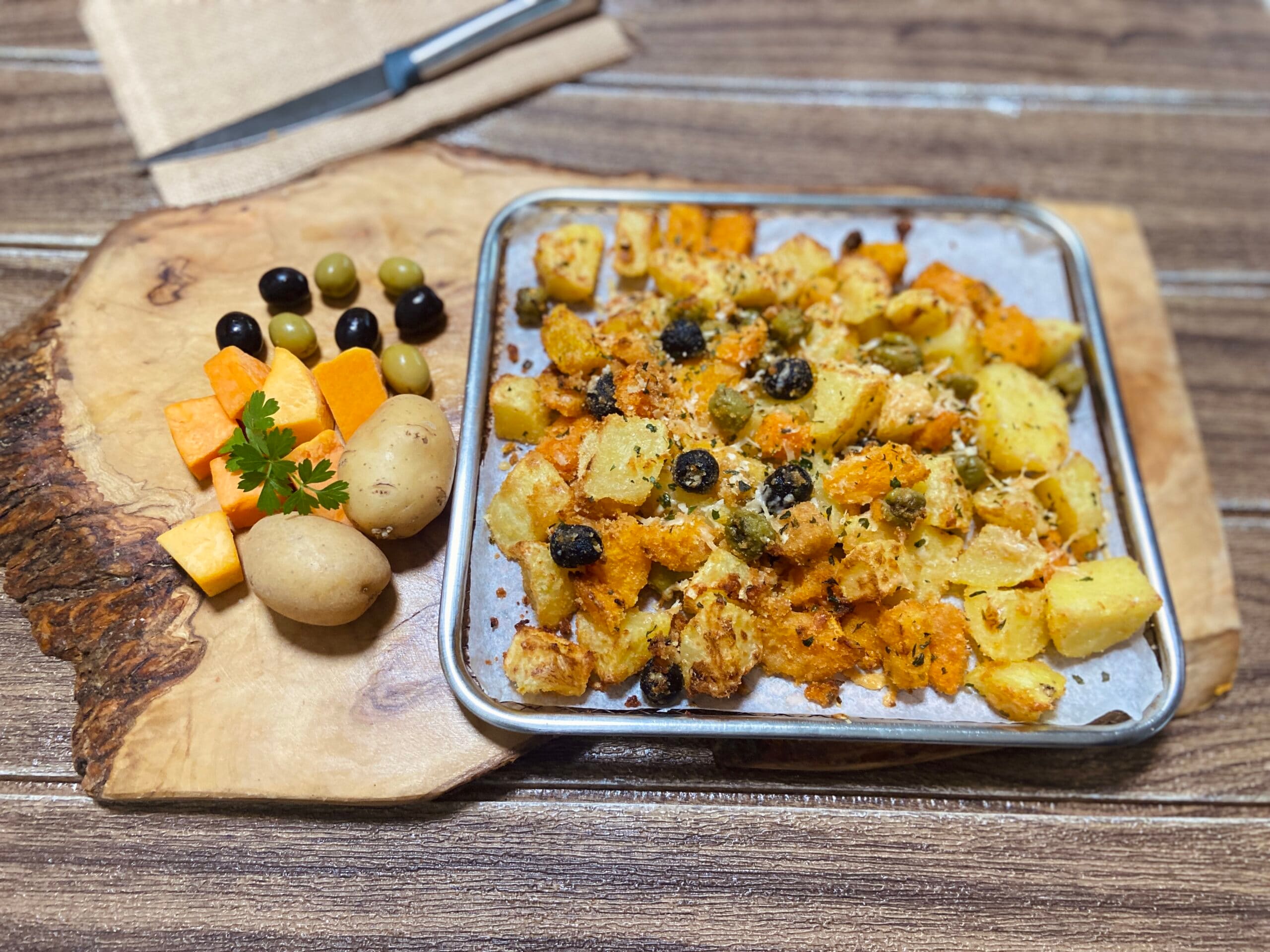 Potiron avec pommes de terre et olives en friteuse à air