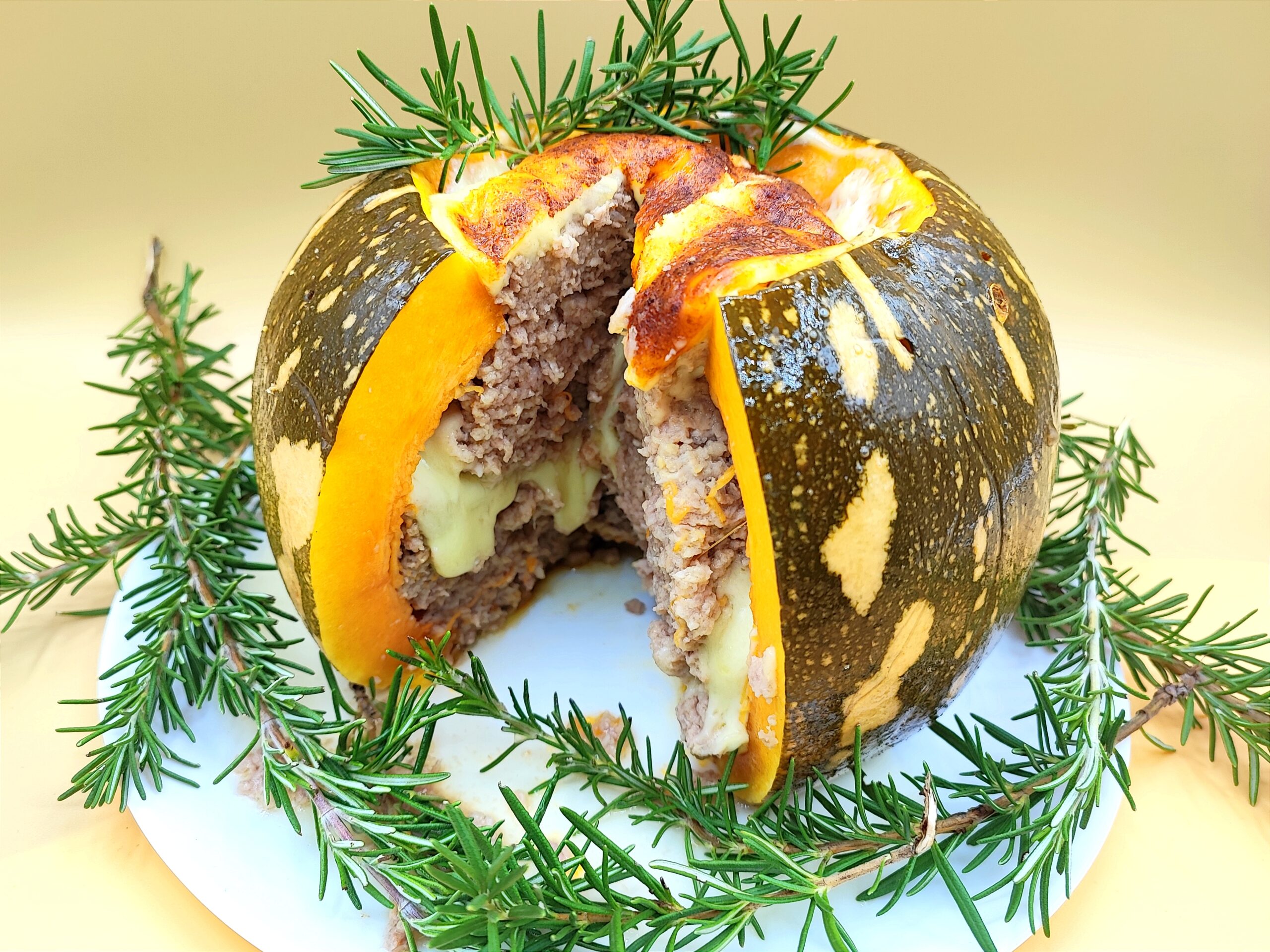 Citrouille entière farcie avec viande et scamorza
