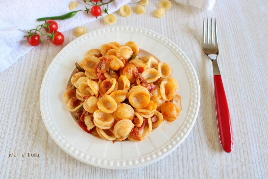 Orecchiette avec Lardons Haricots Verts et Tomates Cerises
