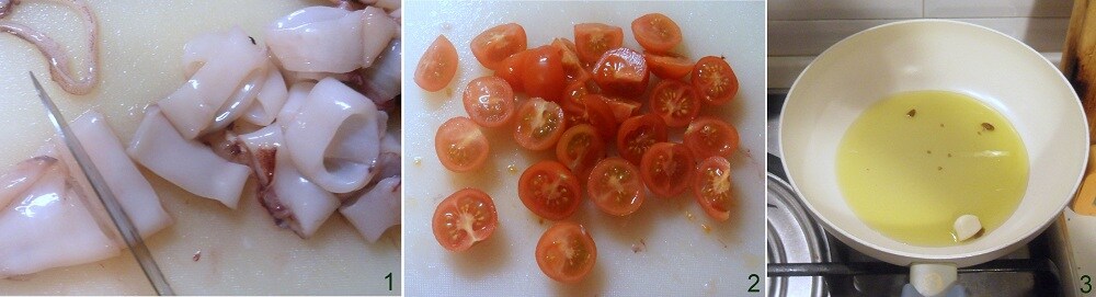 couper les calamars et les tomates cerises datterini