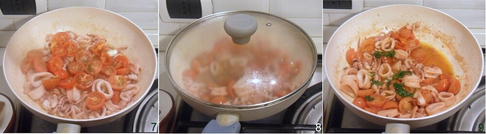 cuisson de la sauce avec calamars et pachino pour les spaghettis