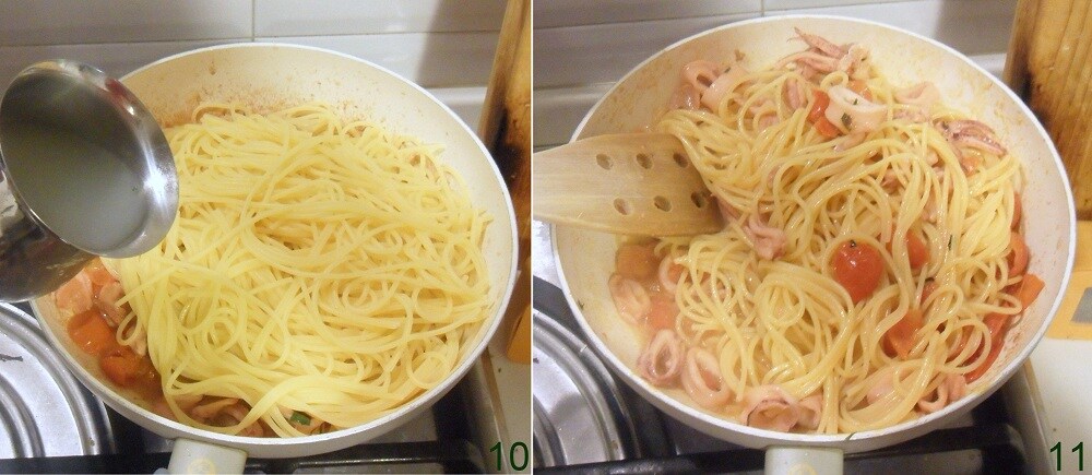 finir la cuisson des spaghettis avec calamars et tomates cerises dans la poêle avec l'eau de cuisson