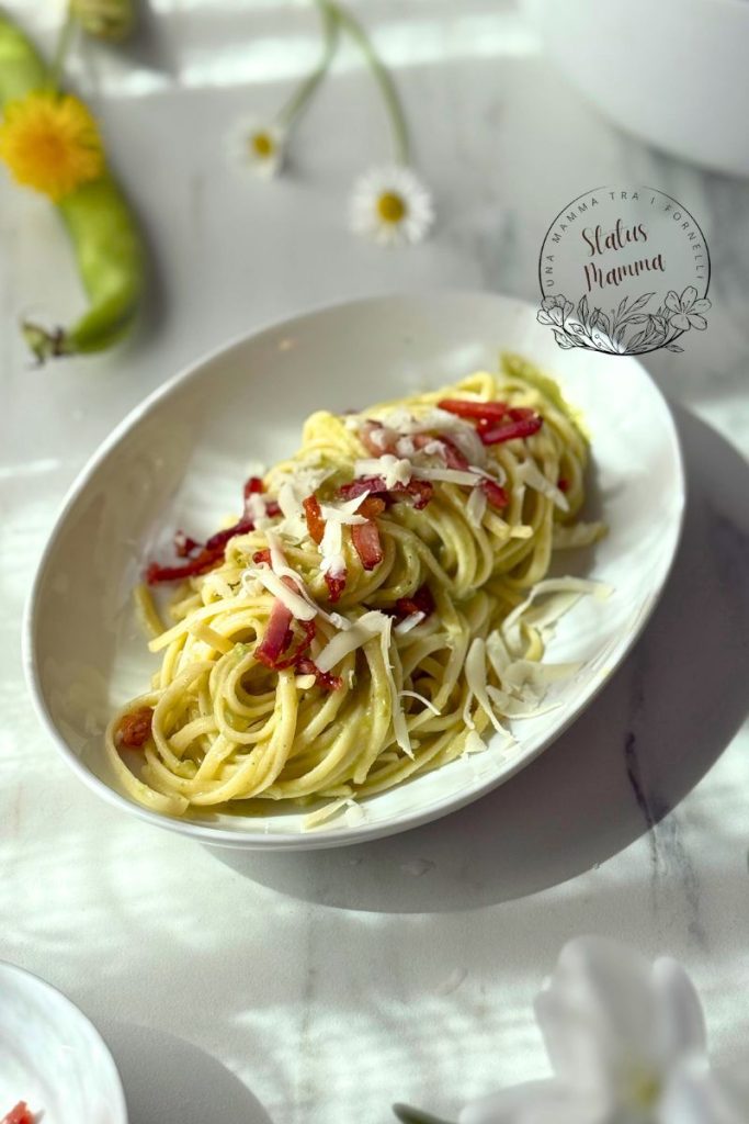 Pâtes à la Crème de Fèves, Speck Croquant et Provolone