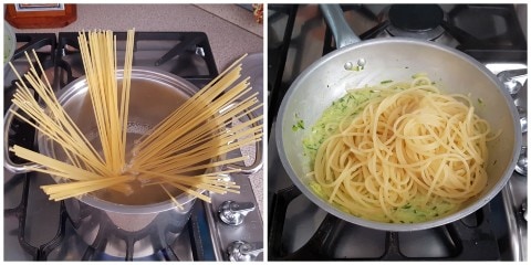 Préparation des pâtes aux courgettes et mascarpone