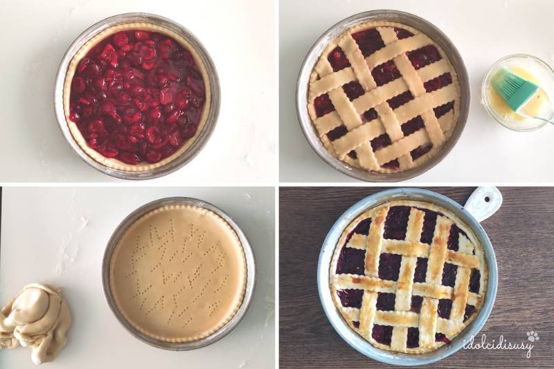 Étapes de la préparation de la tarte avec pâte brisée et cerises : base percée, garniture avec cerises, décoration en grille et tarte cuite – idolcidisusy