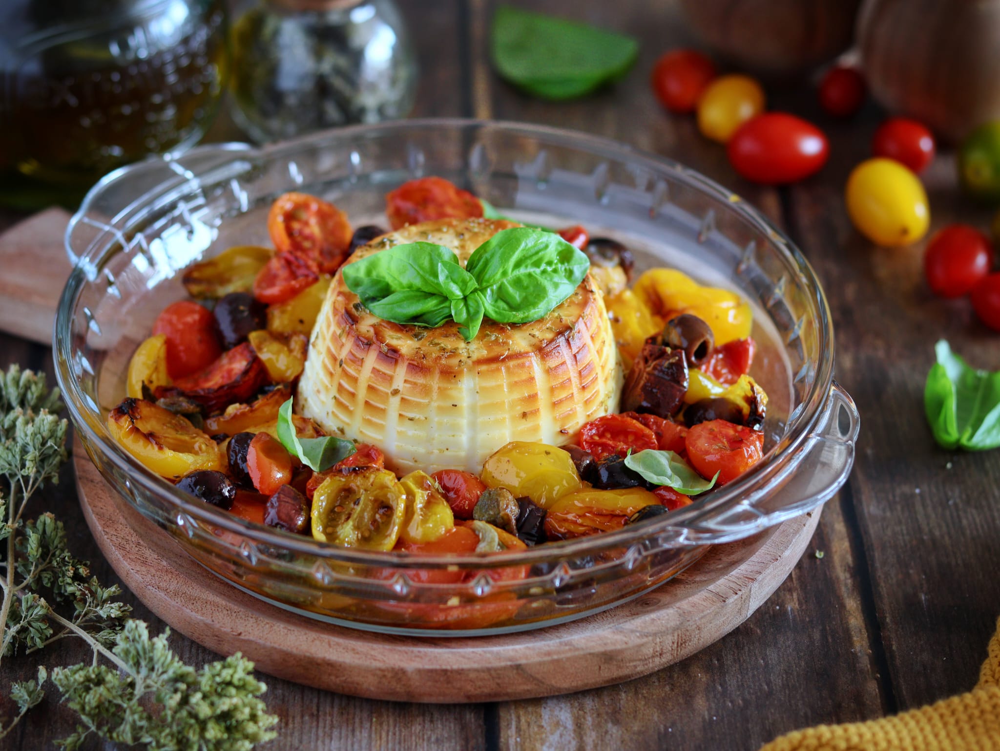 Ricotta à la friteuse à air avec tomates cerises, olives et câpres