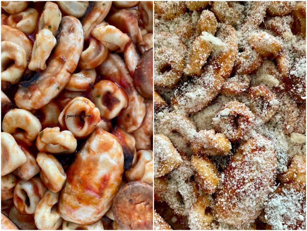 Tortellini au four avec tomate et champignons préparation