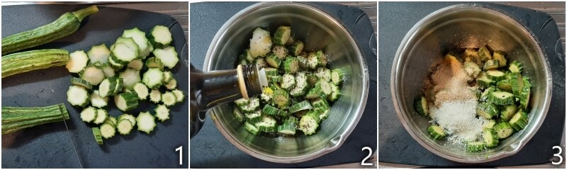a. assaisonner les courgettes en rondelles avec des épices et de la chapelure