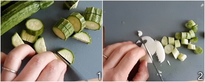 a. couper courgettes et oignon