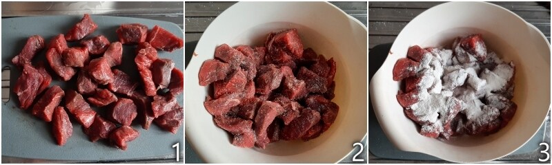 a. couper la viande de bœuf en petits cubes