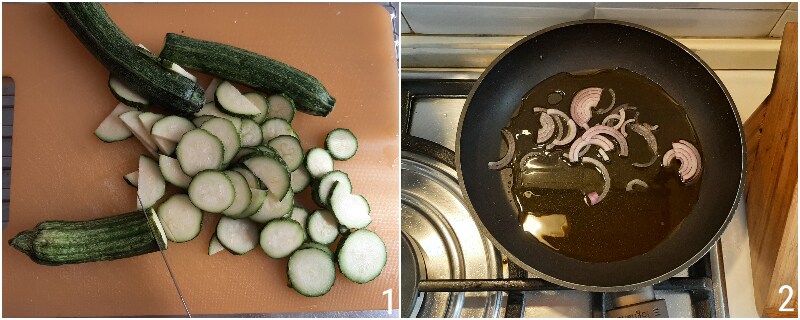 a. couper les courgettes et l'oignon en tranches fines pour l'omelette