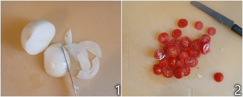 a. couper les oignons et les tomates cerise pour l'omelette