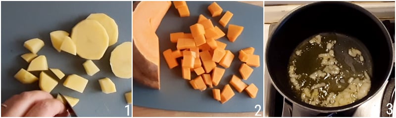 a. couper potiron et pommes de terre en dés pour la soupe de riz