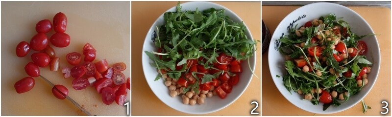 a. mélanger pois chiches cuits, roquette et tomates cerises dans un saladier