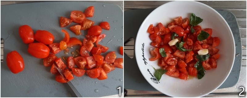 a. couper et mariner les tomates cerises pour les penne alla crudaiola