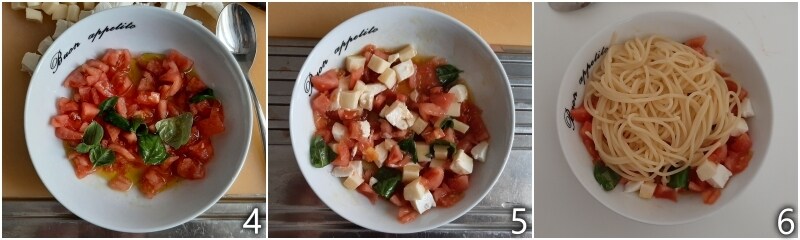 b. assaisonner la sauce à la checca à cru et ajouter les spaghettis