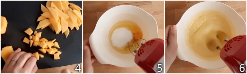 b. couper les pêches en dés et en tranches