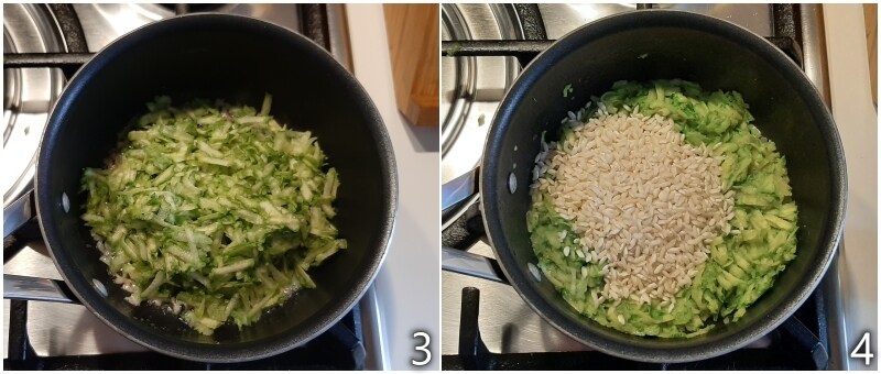 b. faire revenir le riz avec les courgettes