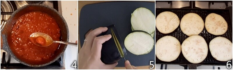 b. griller les tranches d'aubergines pour la parmigiana à la poêle