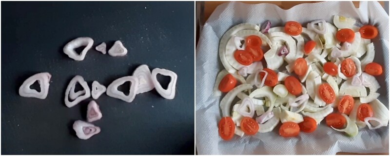 b. mettre dans le plat les fenouils, tomates cerises et oignon de Tropea