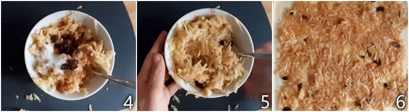 b. répartir les pommes râpées sur la pâte feuilletée rectangulaire