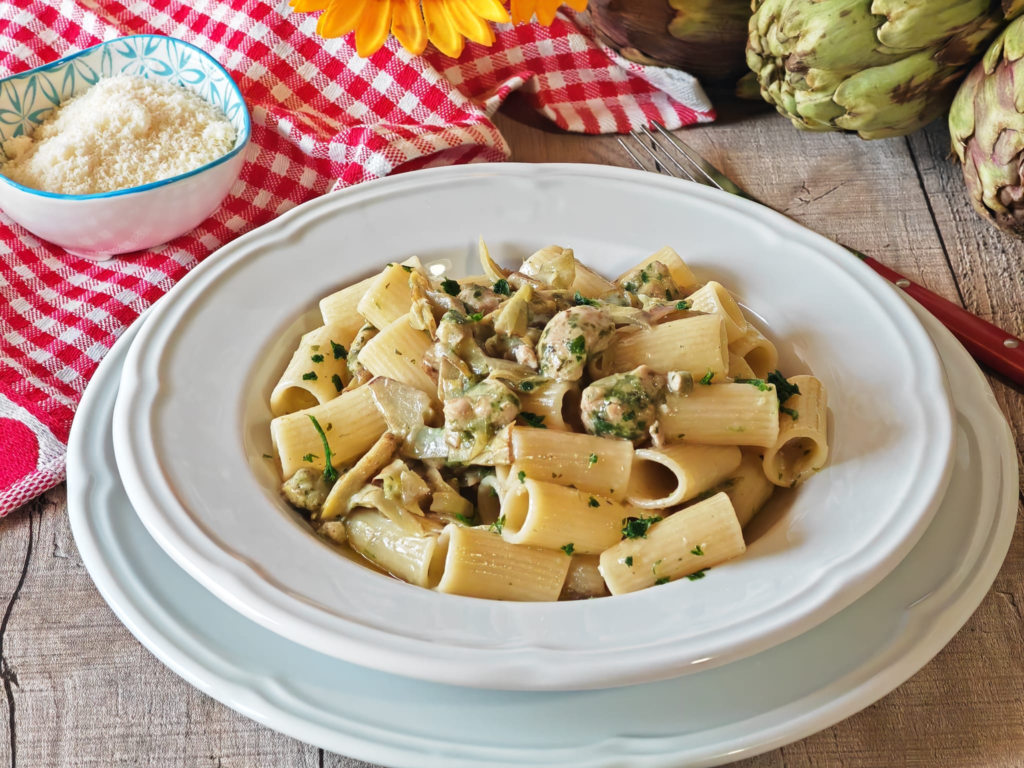 Pâtes artichauts et saucisse