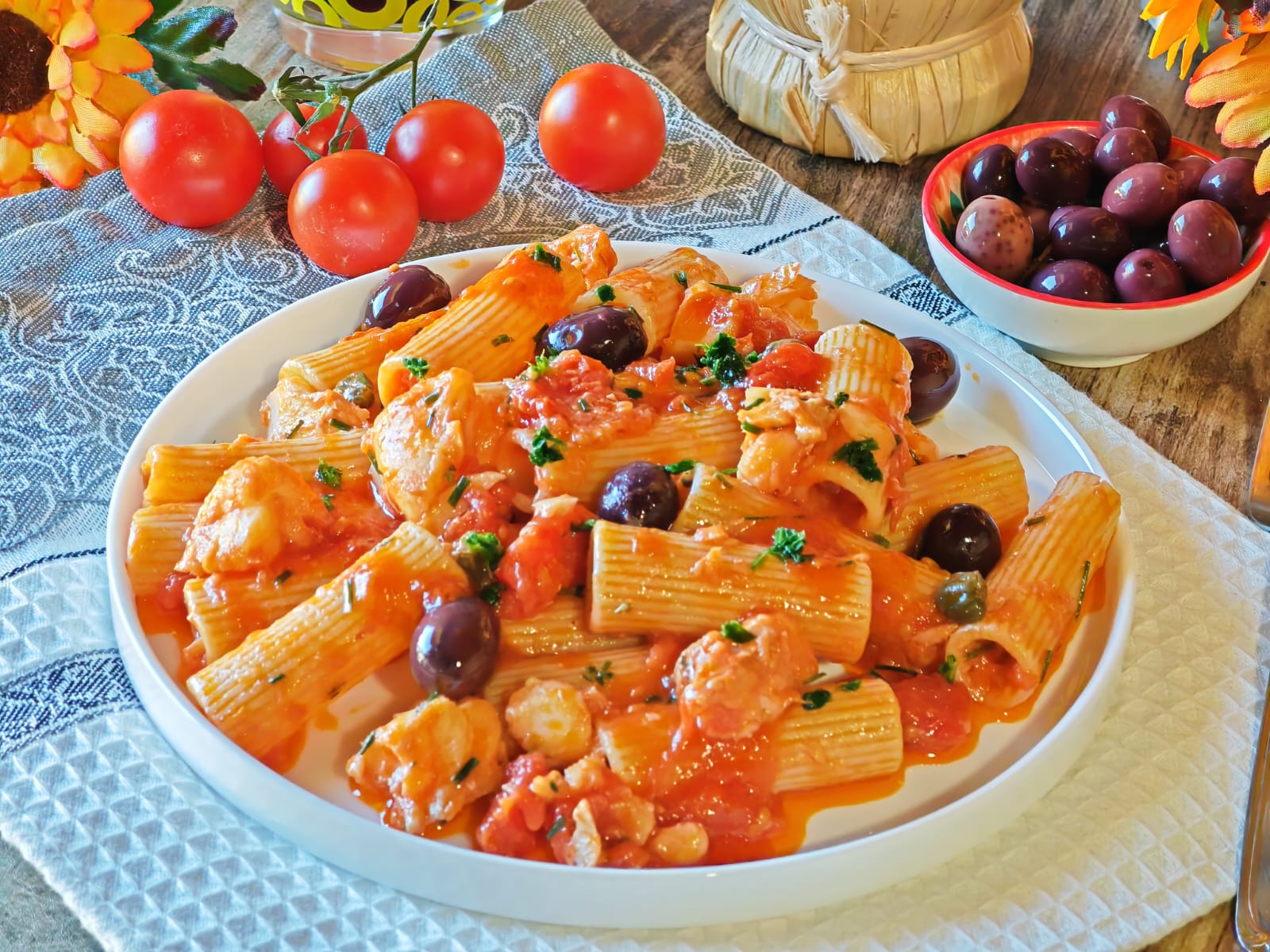 Pâtes avec morue et tomates cerises