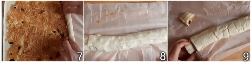 c. former un rouleau de pâte feuilletée et en découper des roulés aux pommes