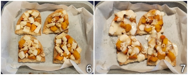 c. passer les crostini à la courge au four pour faire fondre le fromage