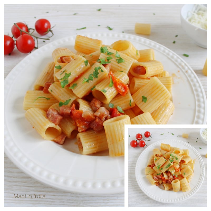 Pâtes pancetta tomates cerises et scamorza