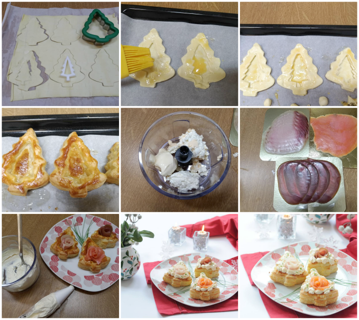 Petits sapins de pâte feuilletée au fromage et poisson fumé