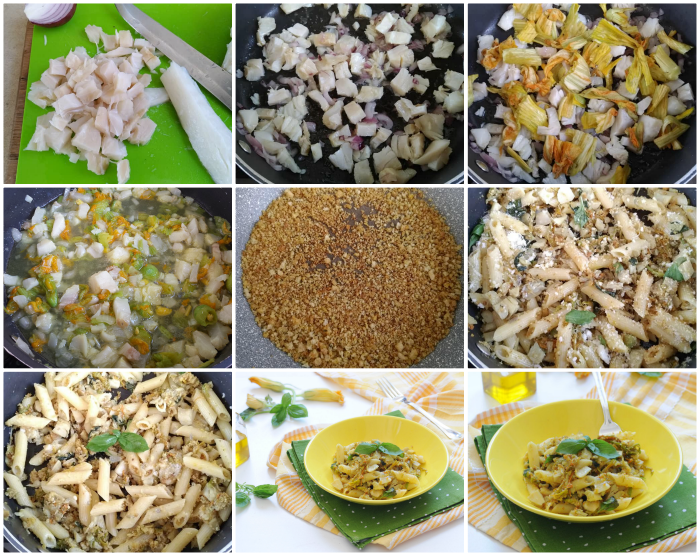 Pâtes avec morue et fleurs de courgette