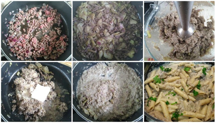 Penne crémeuses avec viande hachée et artichauts