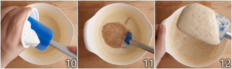 d. ajouter à la pâte le yaourt grec à la pêche