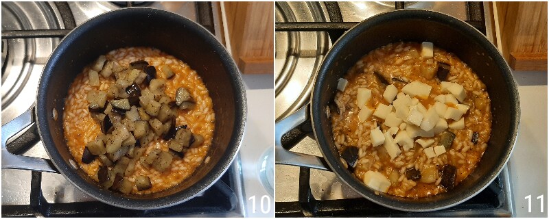 d. ajouter les aubergines sautées au risotto avec tomate et scamorza