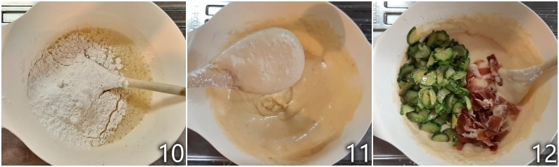 d. ajouter les courgettes et le jambon à la pâte du cake